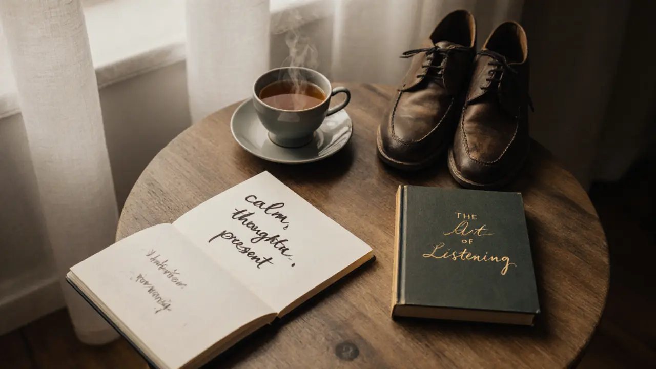 A handwritten note and tea cup on a wooden table with an open journal, evoking calm and thoughtful connection.