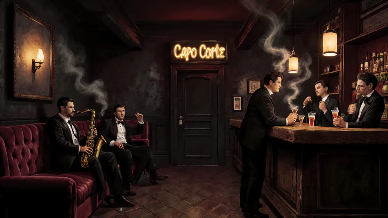 A hidden jazz speakeasy with velvet couches and live music in a dimly lit Milan basement.