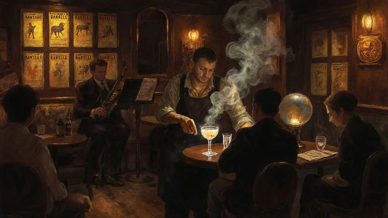 A hidden speakeasy with a mixologist preparing a theatrical cocktail, jazz playing softly in dim, smoky light.