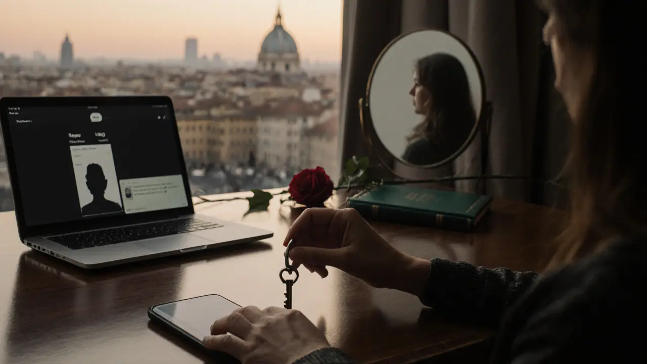 A key and itinerary on a table beside a secure messaging app, symbolizing discretion and trust in Milan.