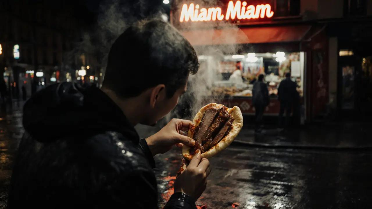 A late-night kebab stand in Paris, with a customer eating standing up as steam rises from the food under a flickering neon sign.