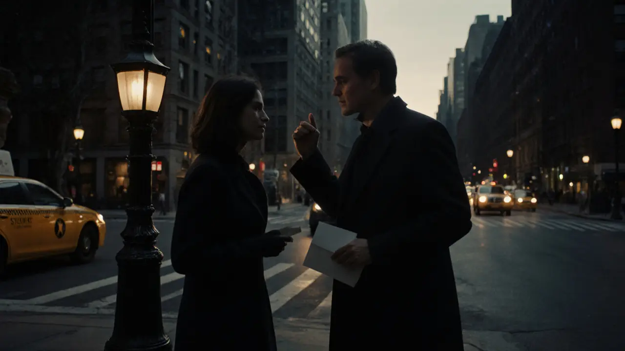 A man and woman part respectfully on a London street at twilight, no physical contact, only a quiet nod of gratitude.