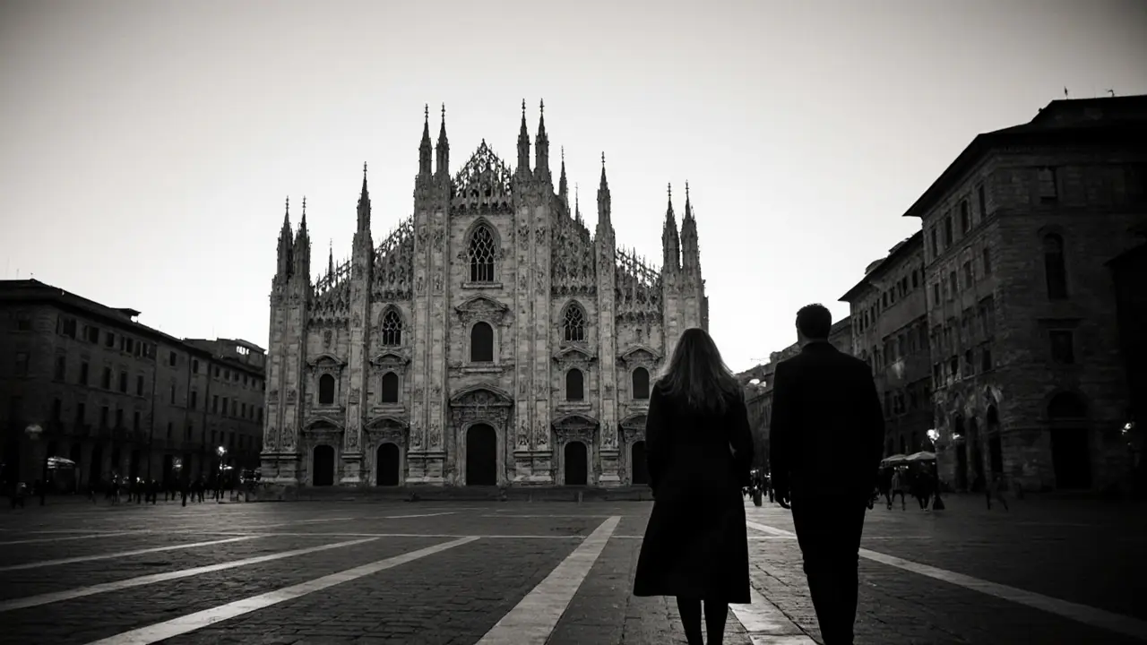 A man and woman walking past Milan's Duomo at dawn, the city silent around them, each lost in their own thoughts yet present together.