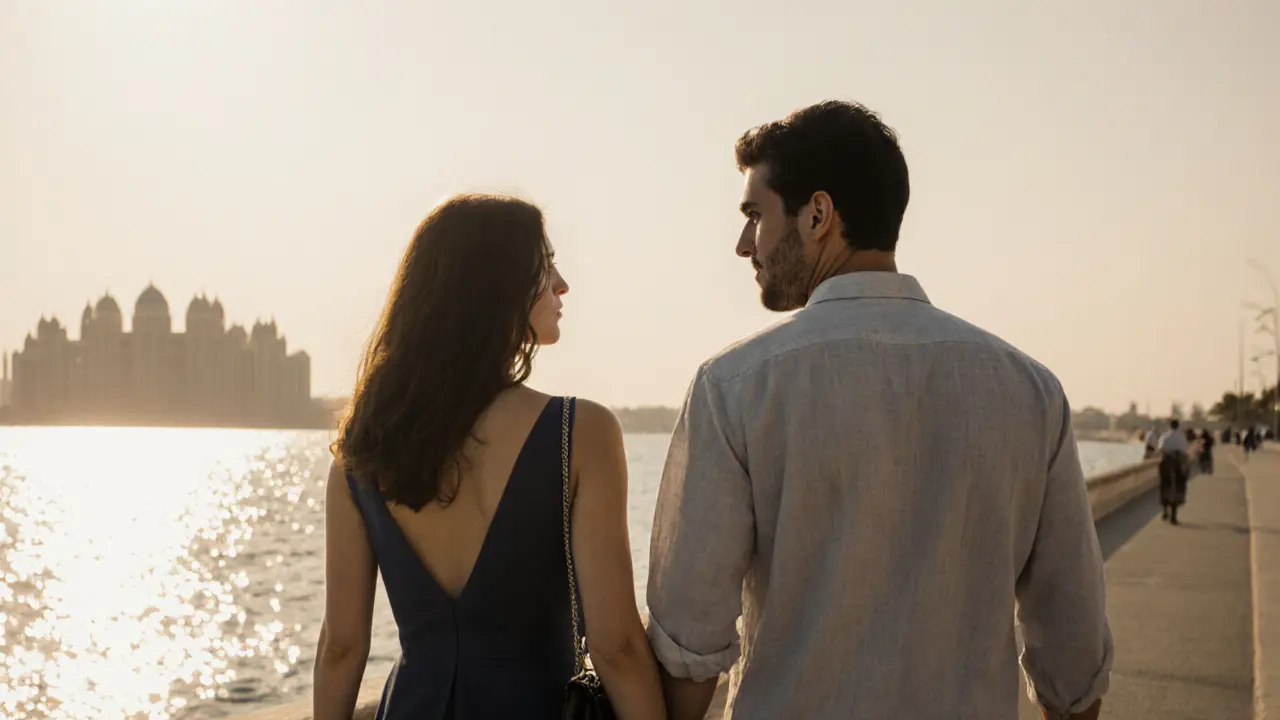 A man and woman walking peacefully along Abu Dhabi&#039;s Corniche at sunset.