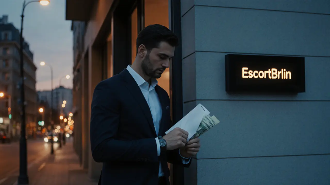 A man holding an envelope of cash at the entrance of a Berlin apartment building at dusk.