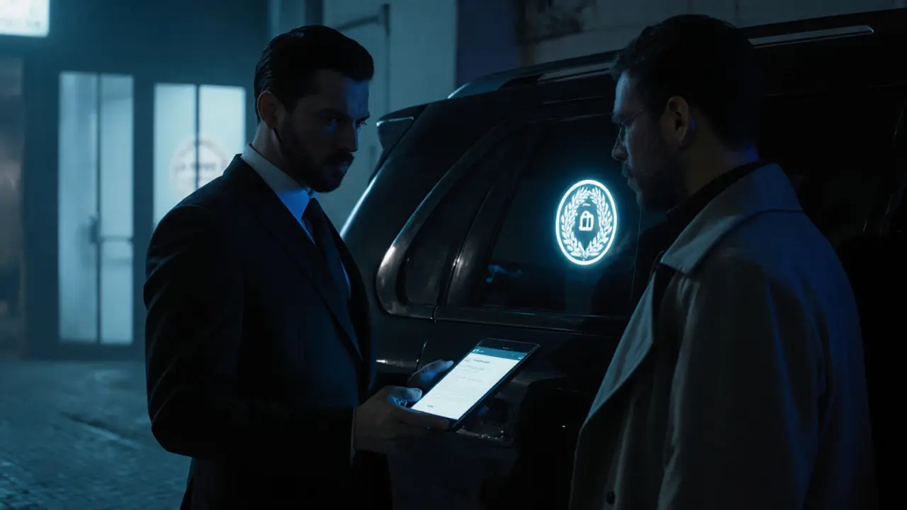 A masked escort handing a payment tablet to a client in a discreet Dubai alley, emphasizing privacy and professional boundaries.