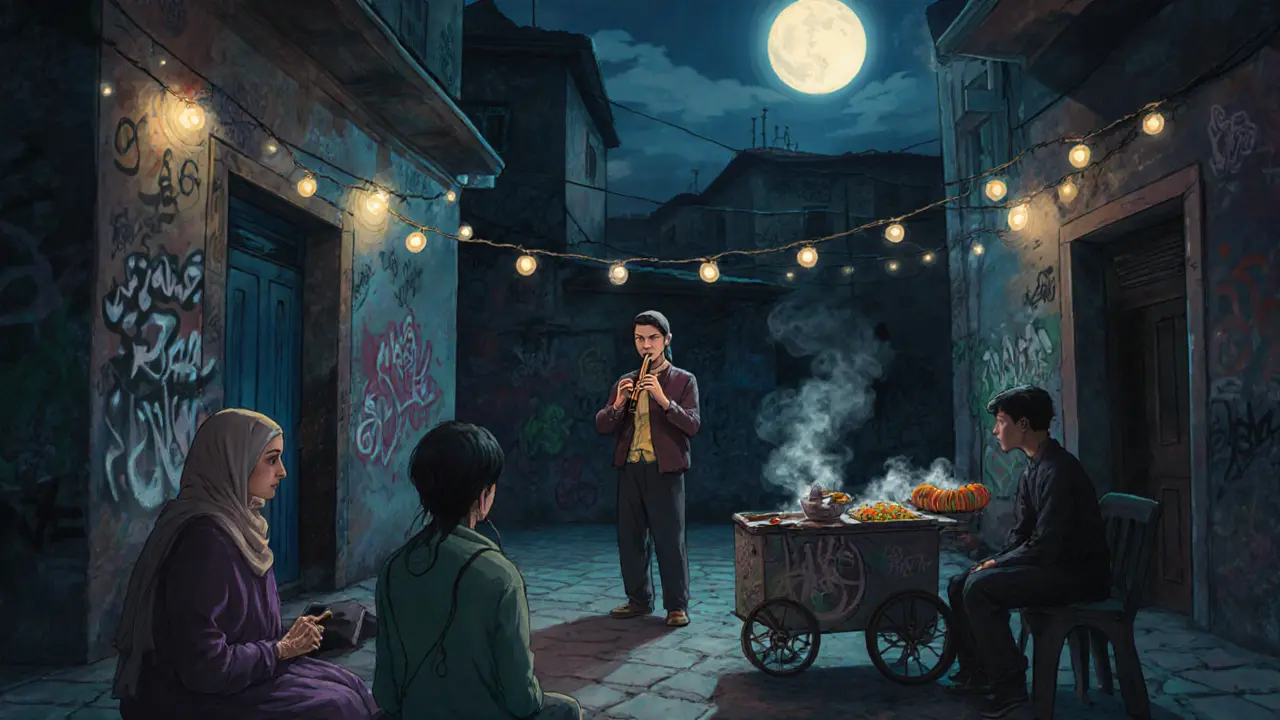 A musician plays ney flute in a Fatih courtyard at night, surrounded by listeners and a lokma vendor.