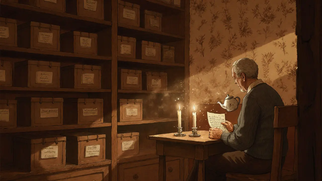 A person reading a handwritten letter in a dim, empty bookshop lit by candlelight, with a librarian pouring tea nearby.