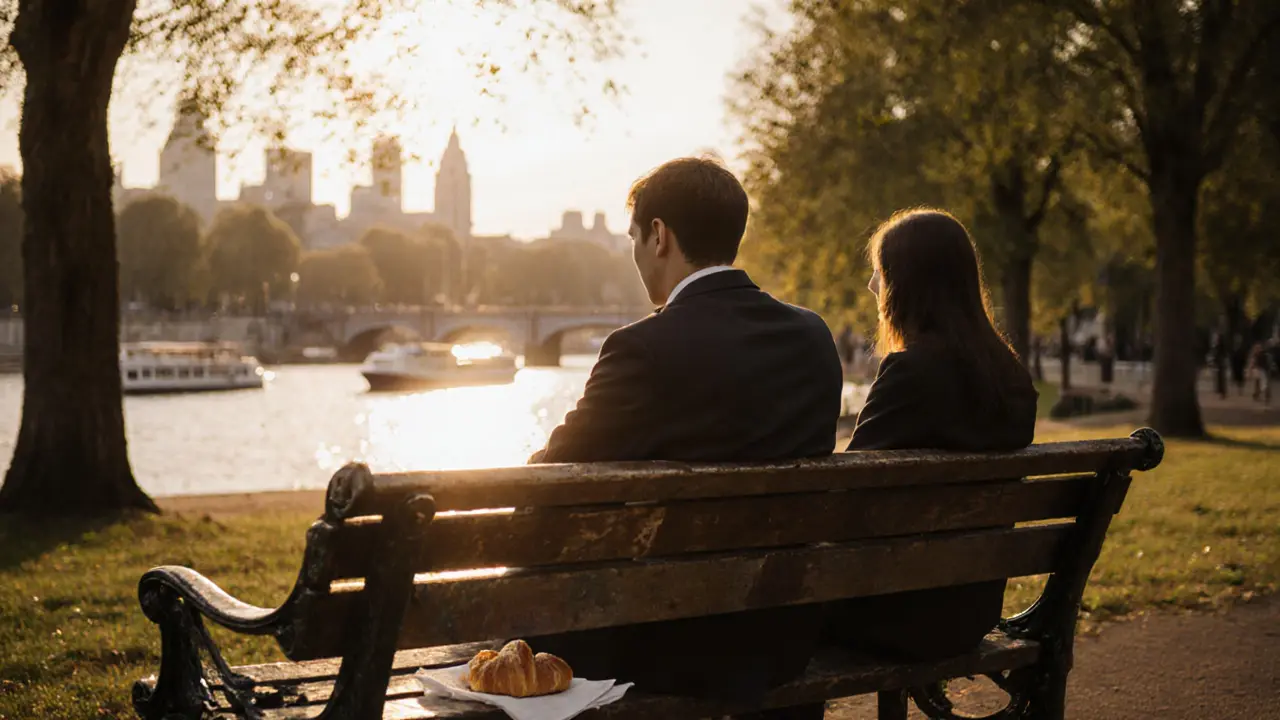 A person sitting on a park bench at sunset, accompanied by a quiet companion, overlooking the river in Hyde Park.