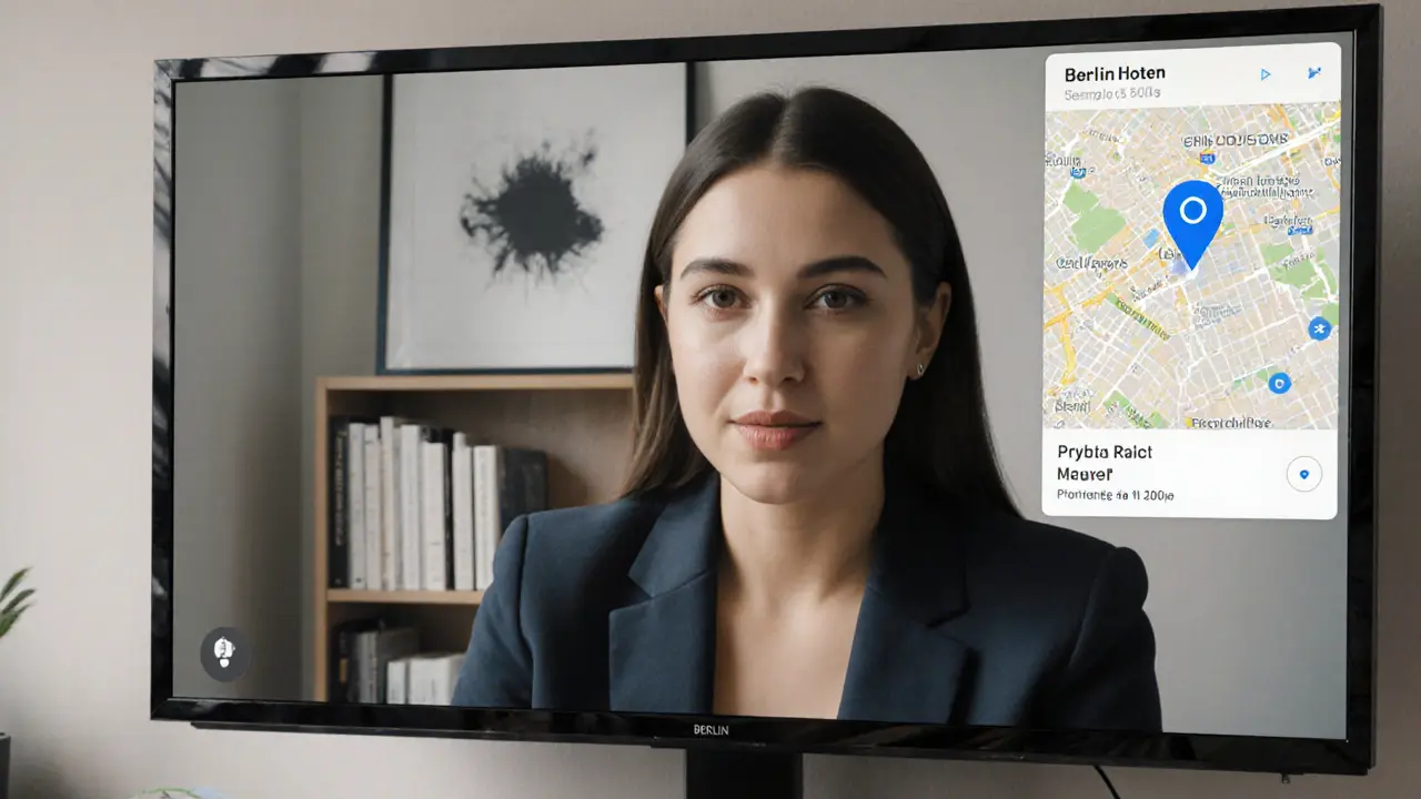 A professional video call between an escort and a client, set in a minimalist modern space with art books in the background.