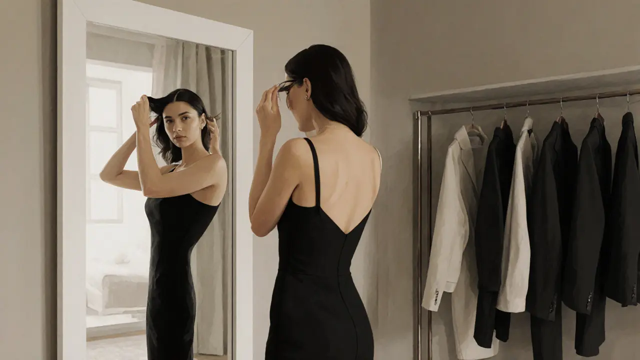 A professional woman preparing for an appointment, dressed in a black dress, standing before a mirror in a curated wardrobe.