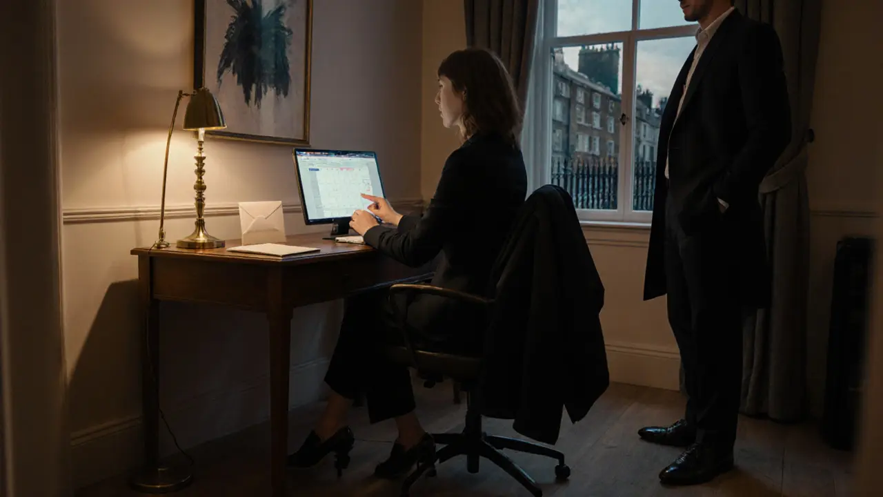 A professional woman reviews her calendar in a quiet London townhouse, a man&#039;s overcoat and shoes neatly placed nearby.