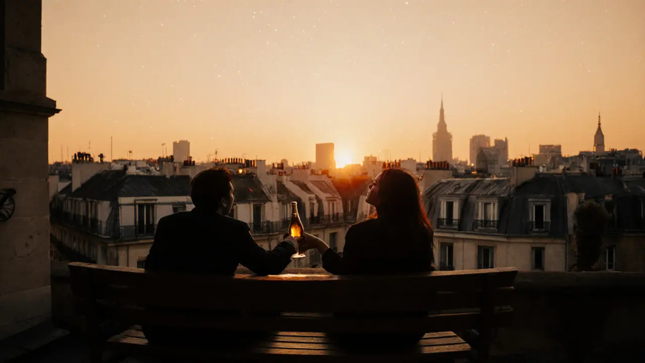 A quiet rooftop terrace in Le Marais at sunset, people sharing Champagne with no phones in sight.