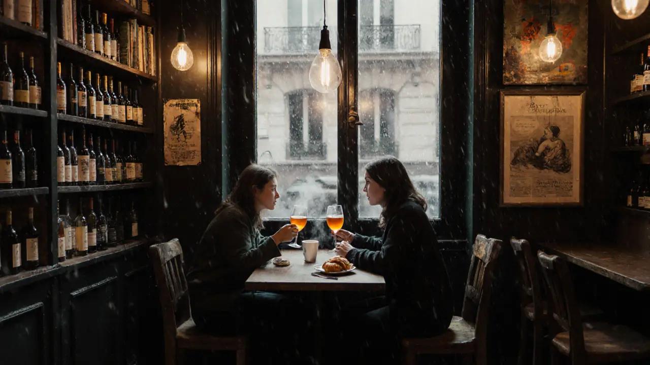 A quiet wine bar with wooden shelves of bottles, two people sipping wine by warm light, rain on the window, and old posters on the walls.