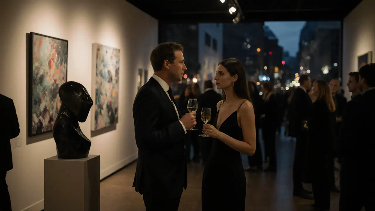 A refined couple conversing at an art gallery opening in Berlin, surrounded by contemporary art and dim ambient lighting.