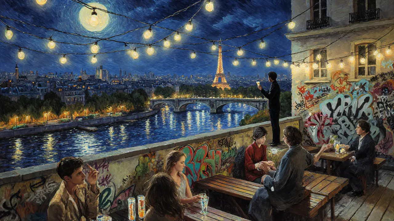 A rooftop terrace overlooking Paris at night, with string lights and city lights glowing in the distance.