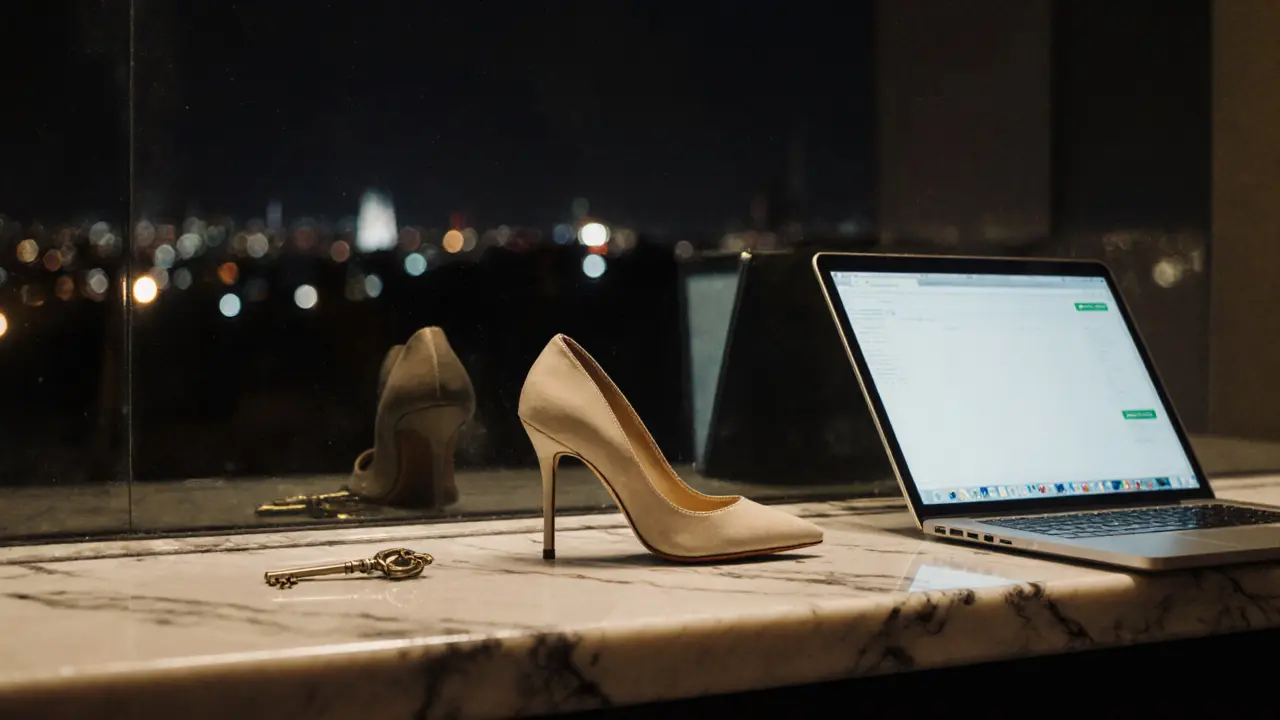 A single high-heeled shoe and closed laptop on a marble surface, symbolizing a private, respectful encounter with no one in frame.