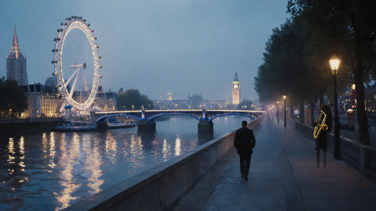 A solitary walker along the Thames at night, city lights reflecting on water as a street musician plays nearby.