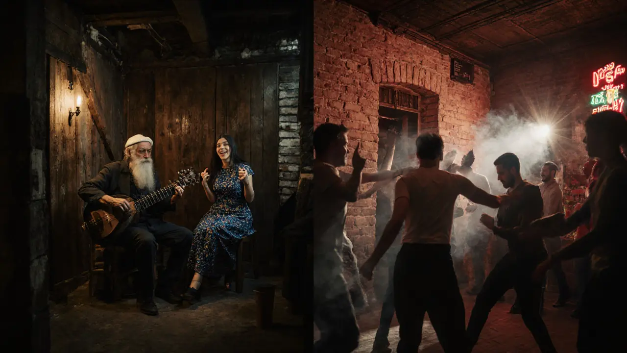 A traditional bağlama player and modern club dancer coexisting in layered Istanbul nightlife.