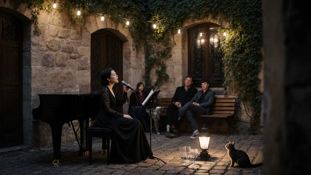 A woman singing at a piano in a moonlit courtyard, listeners on benches, ivy-covered walls, and a cat near a lantern at midnight.