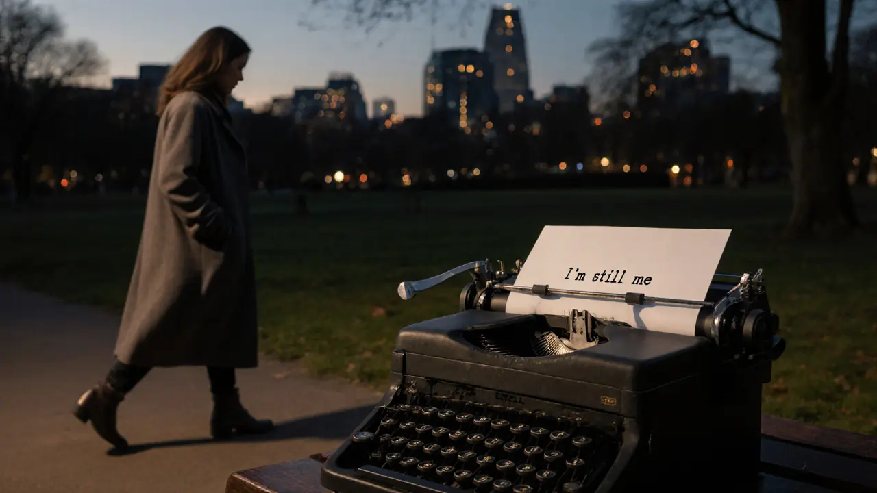 A woman walking alone in Hyde Park at dusk, a vintage typewriter on a bench beside her.