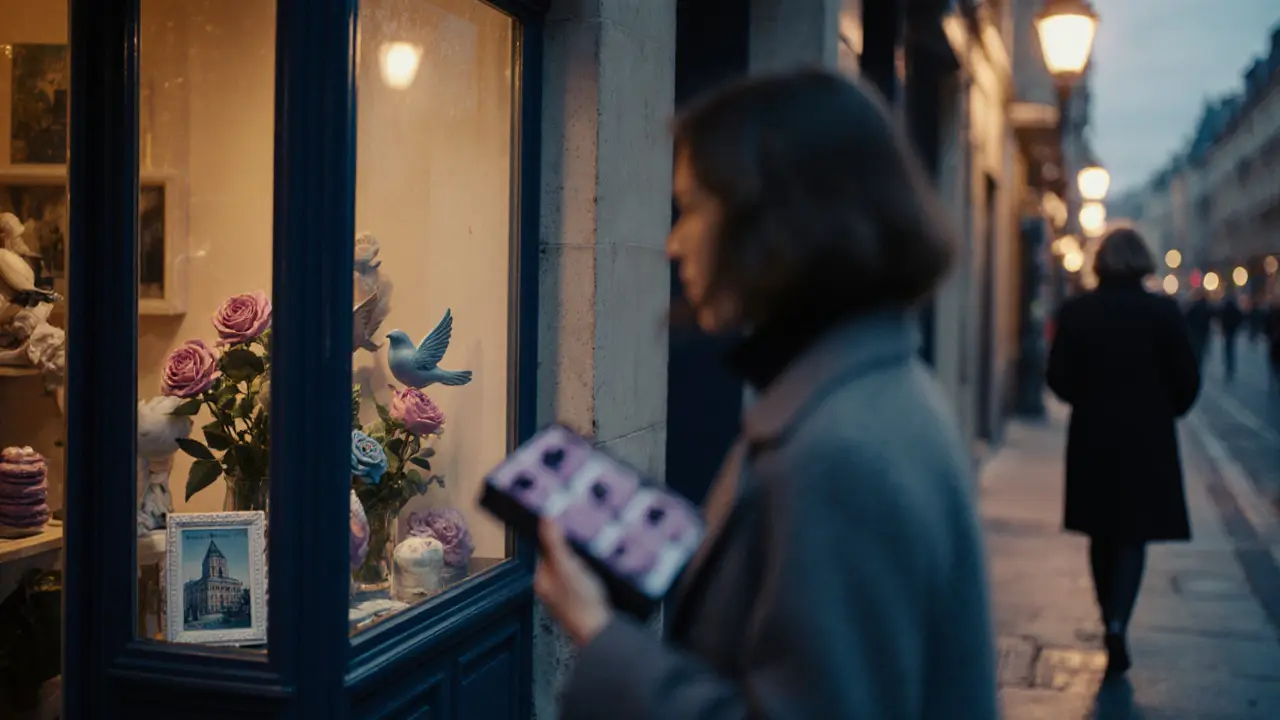 A woman walking away in Le Marais at twilight, holding a box of macarons as vintage art glows in her pocket.