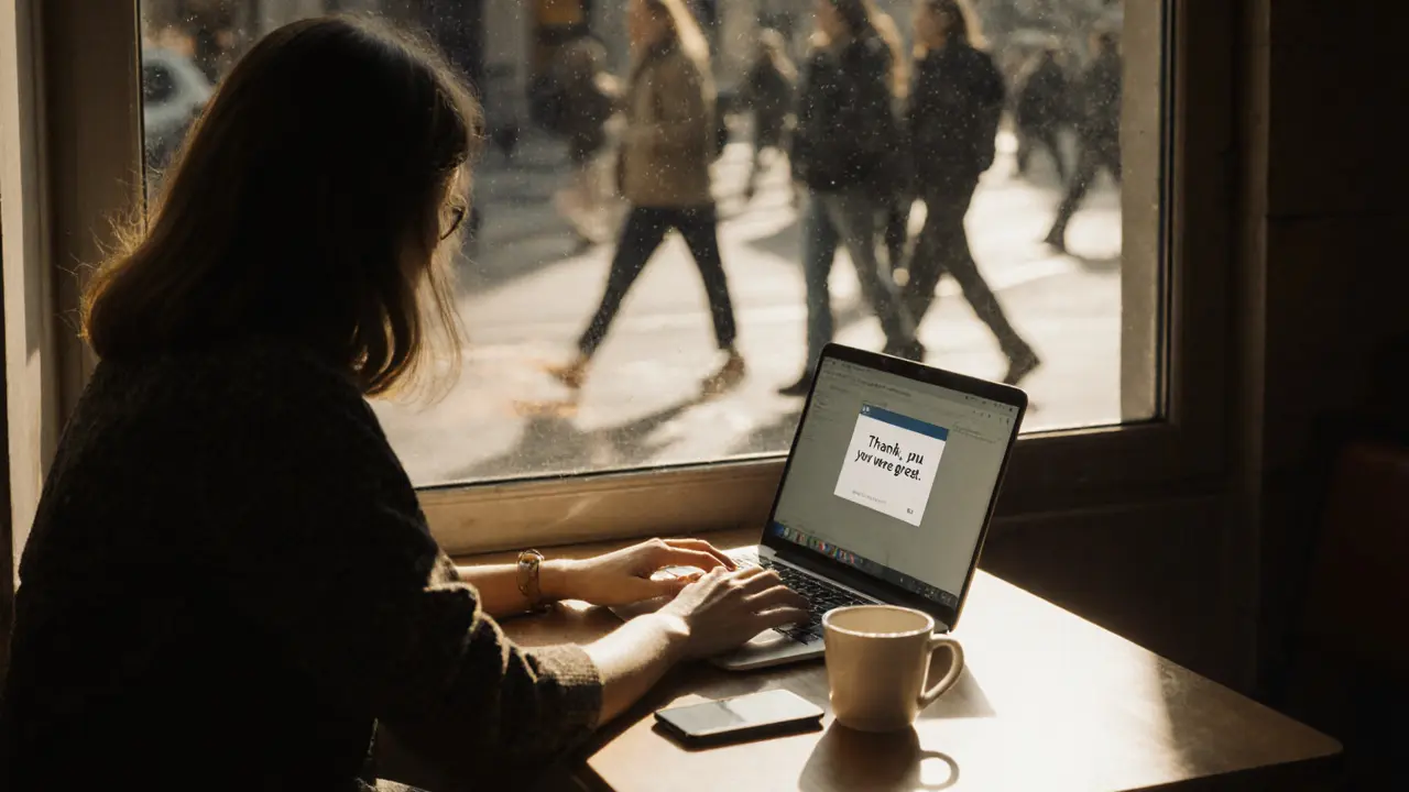 A woman working at a café in Kreuzberg, sunlight on her laptop, a simple thank-you message on her phone.