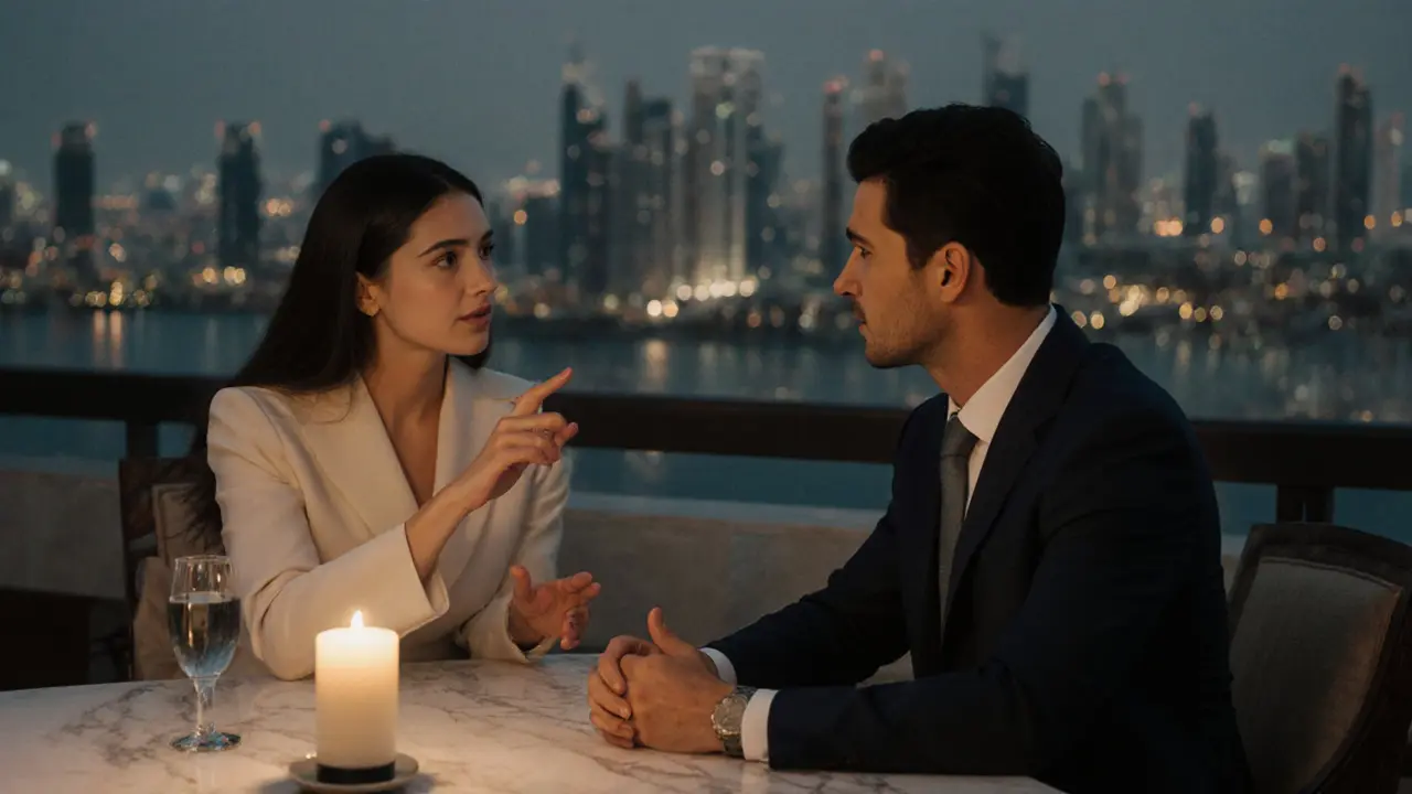 An executive and female companion dining at a rooftop restaurant in Dubai, engaged in thoughtful cultural discussion under soft lighting.