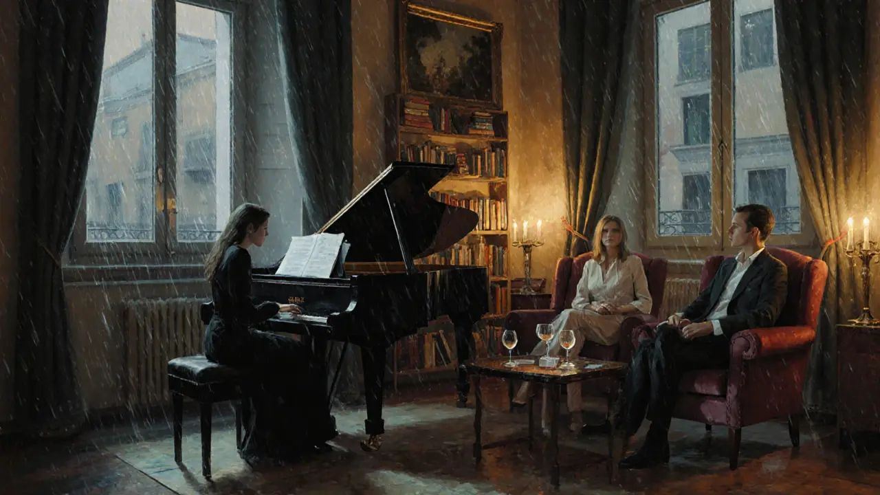 An intimate evening gathering in a Navigli apartment with piano music, candlelight, and quiet conversation.