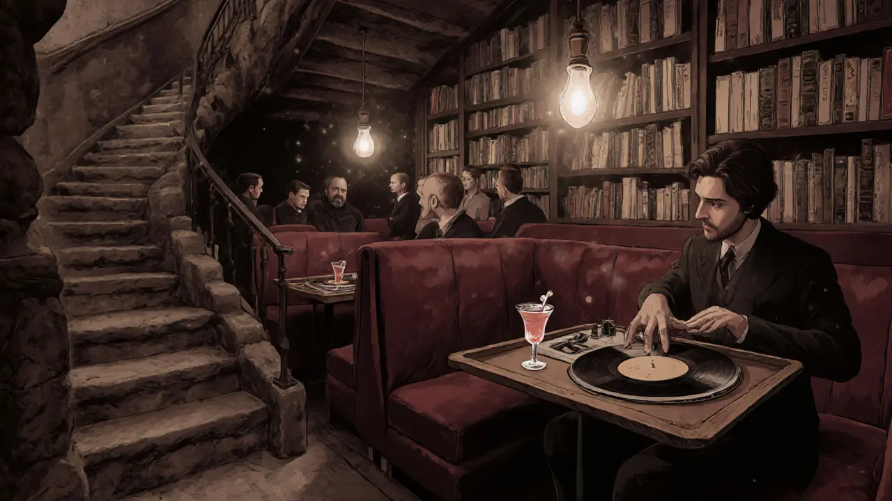 An underground jazz lounge beneath a bookstore, filled with poetry books and patrons in velvet booths.