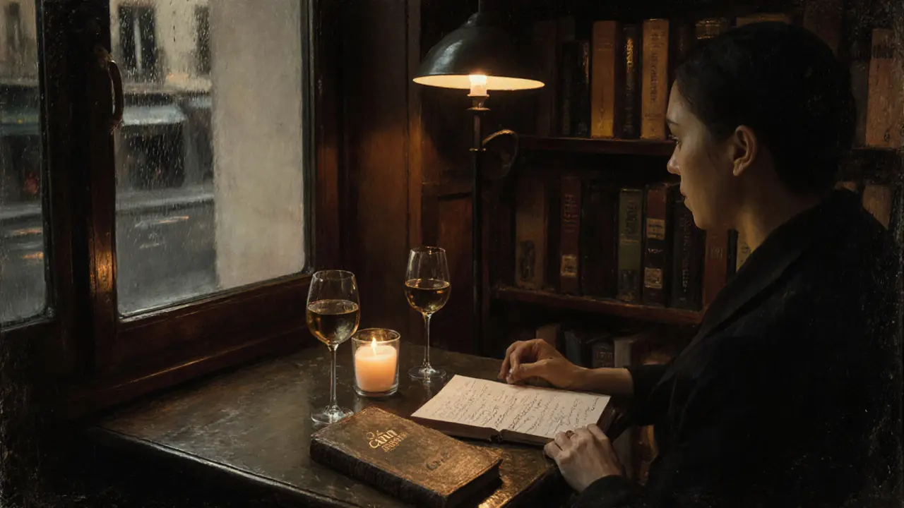 Candlelit table in Saint-Germain-des-Prés with wine, books, and handwritten notes under soft lamplight.