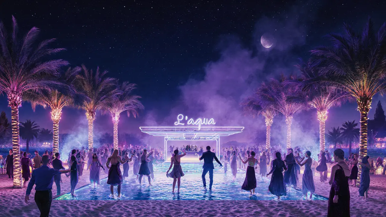Celebrity DJ spinning at L’Aqua beach club under stars, crowd dancing barefoot on sand with neon lights.
