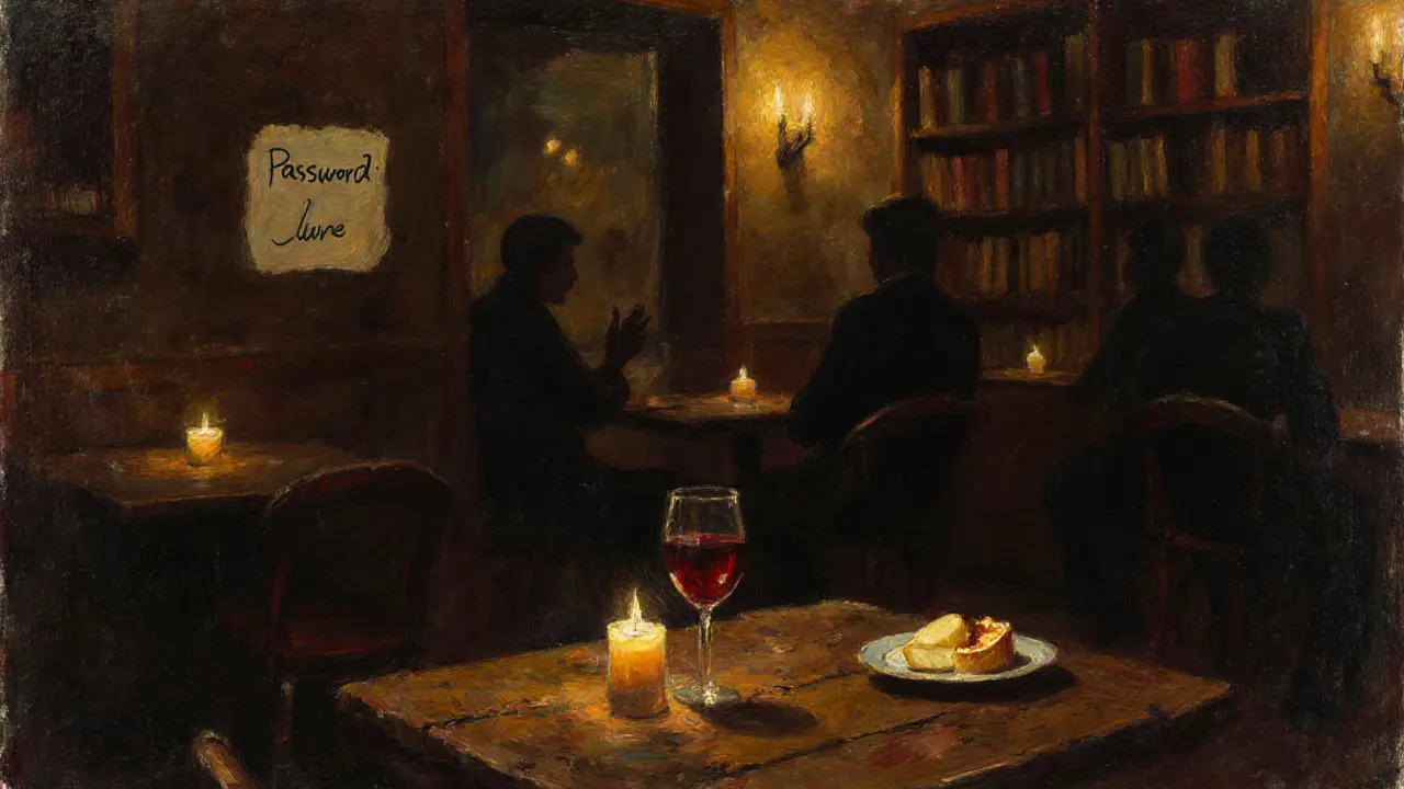 Cozy hidden basement bar with candlelight, wine, cheese, and apple tart, no signs or electronics visible.