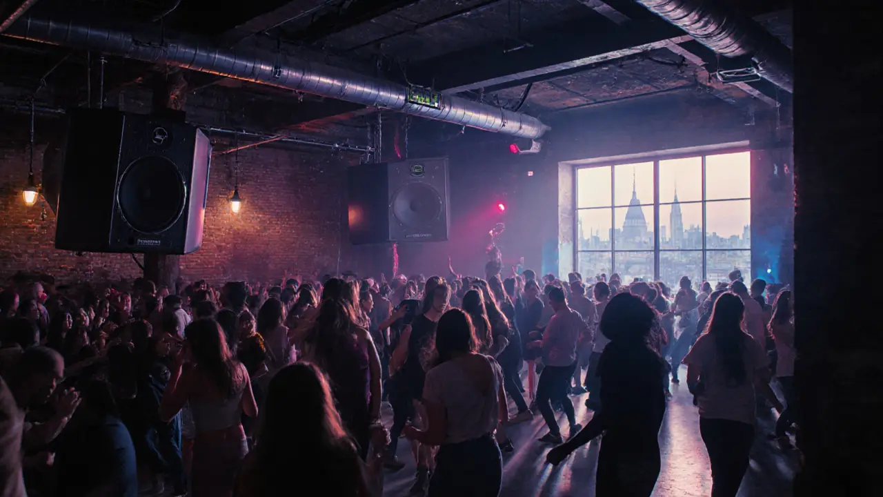 Crowd dancing in a warehouse nightclub with neon lights and industrial architecture.