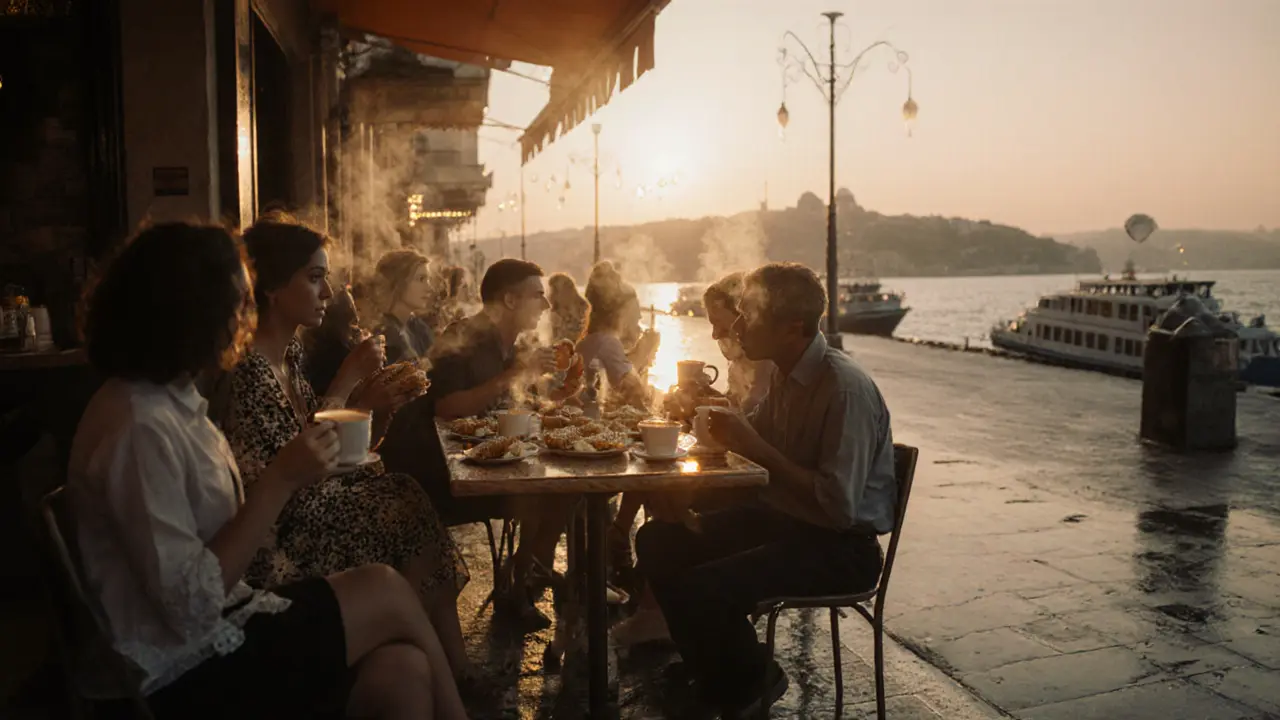 Dawn breakfast at a simit stall with locals eating and drinking coffee as the sun rises over the Golden Horn.