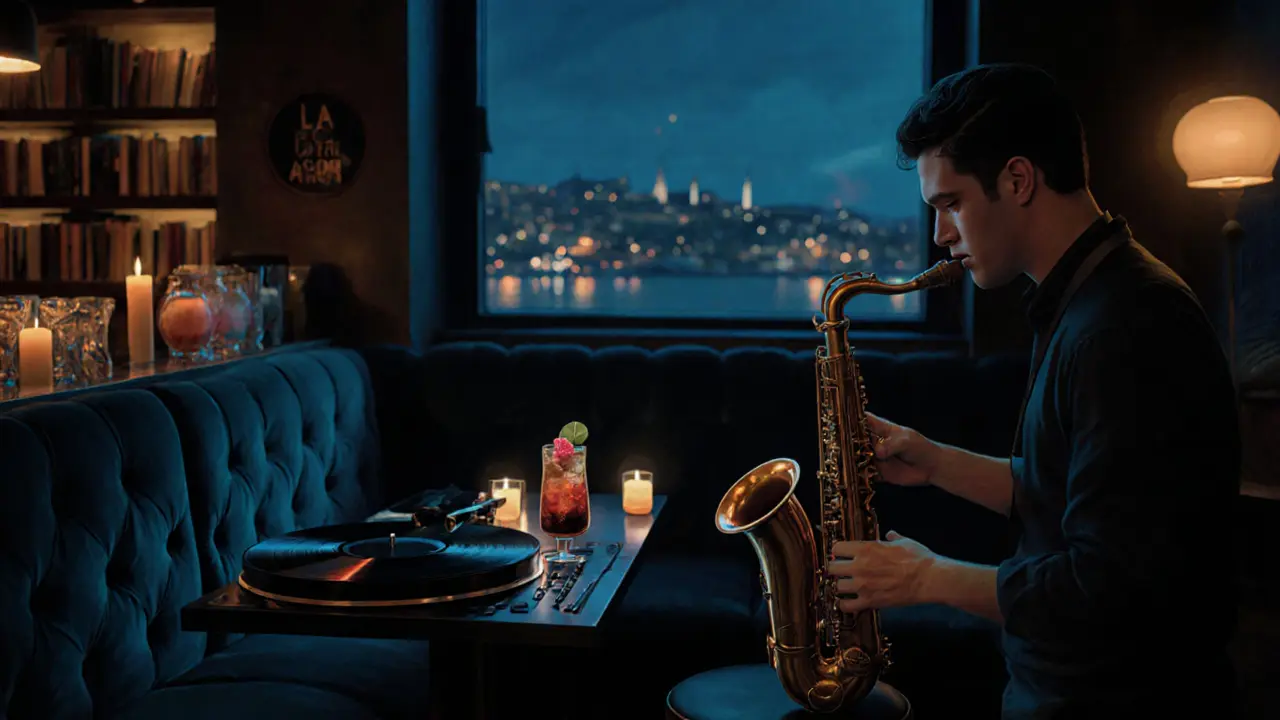 Dimly lit hidden lounge with velvet booths, vintage vinyl, and a bartender mixing a rosewater cocktail at midnight.