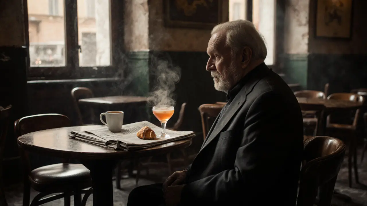 Elderly man sitting quietly at a small bar in Brera, steam rising from a cocktail in morning light.