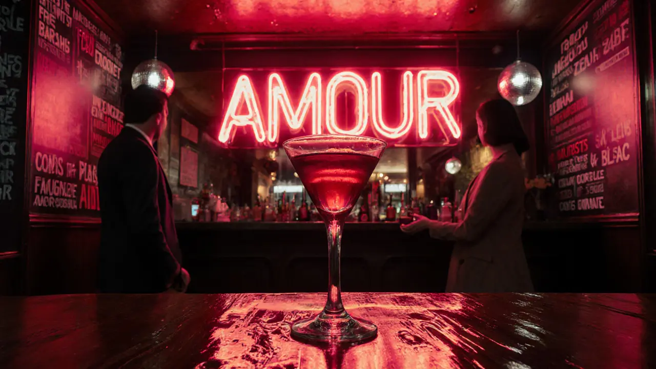 Glowing neon AMOUR sign reflecting in a cocktail glass, dimly lit vintage bar interior.