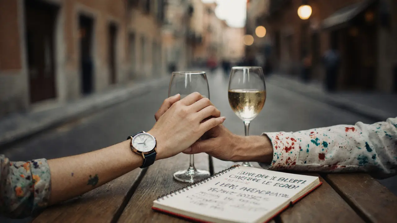 Interlocked hands on a wooden table with wine glasses and handwritten Italian notes.