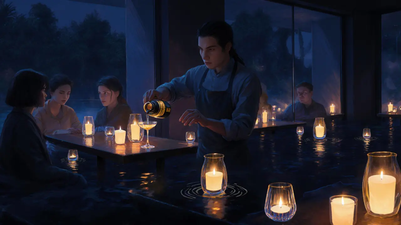 Intimate candlelit lounge with floating lanterns on water, a bartender pouring golden sake in near silence.
