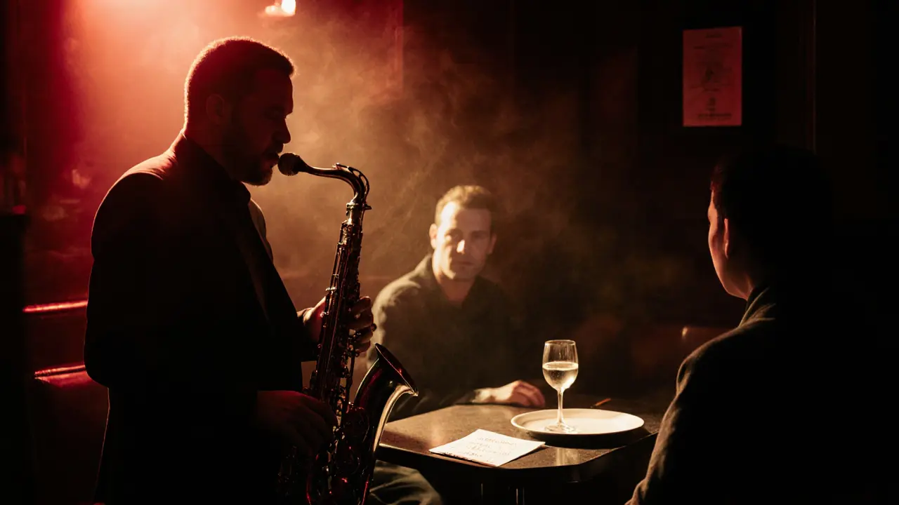 Intimate jazz club scene with a saxophonist playing and a handwritten note on a table.
