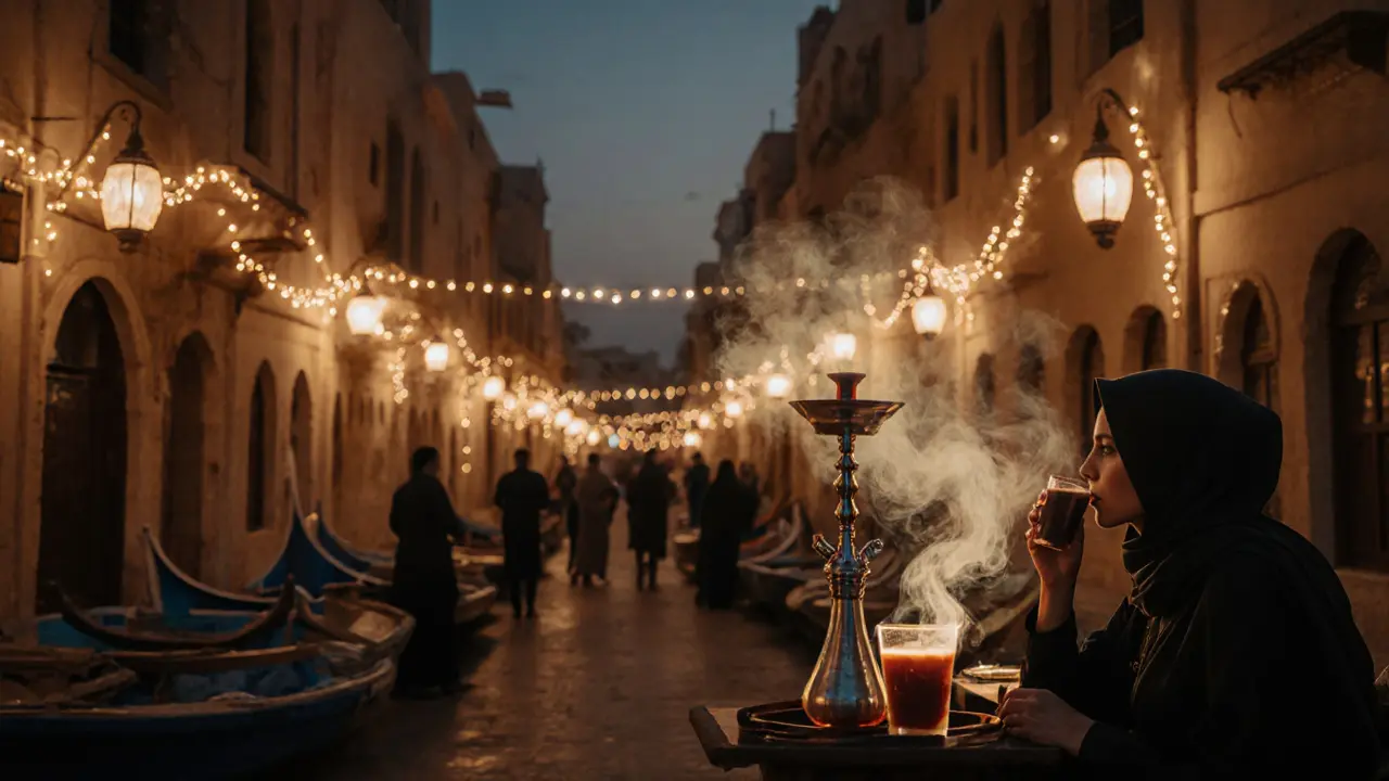 Lantern-lit heritage alley with traditional boats and a woman drinking coffee at night.
