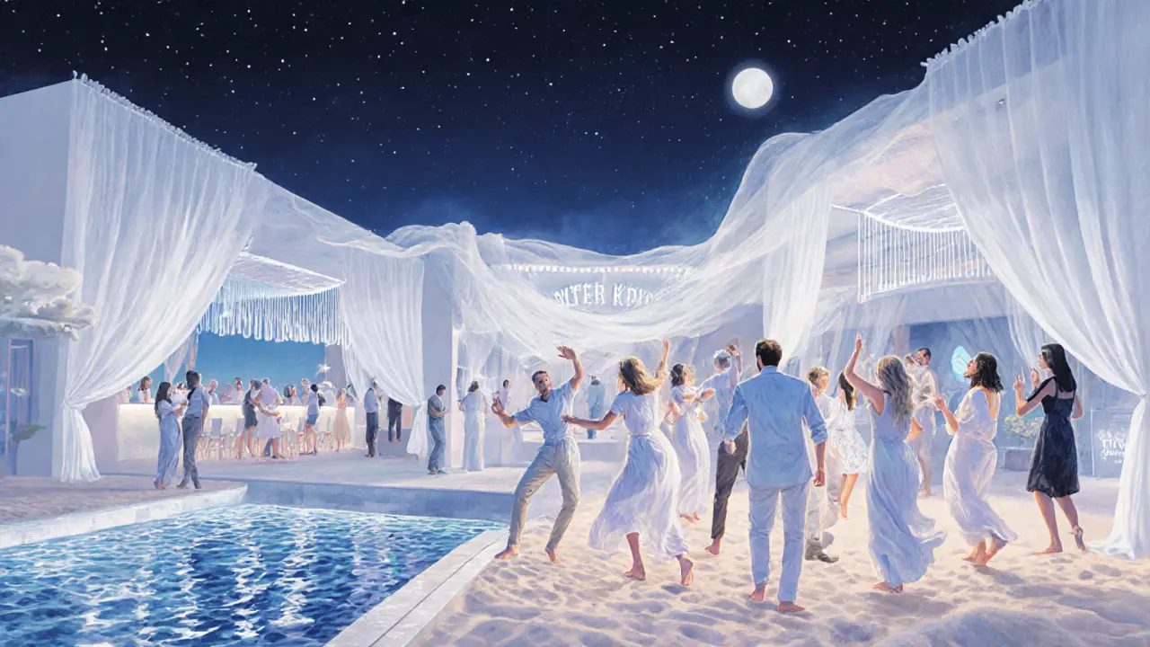 People dancing on a beach club deck under stars with ocean breeze and soft neon glow.