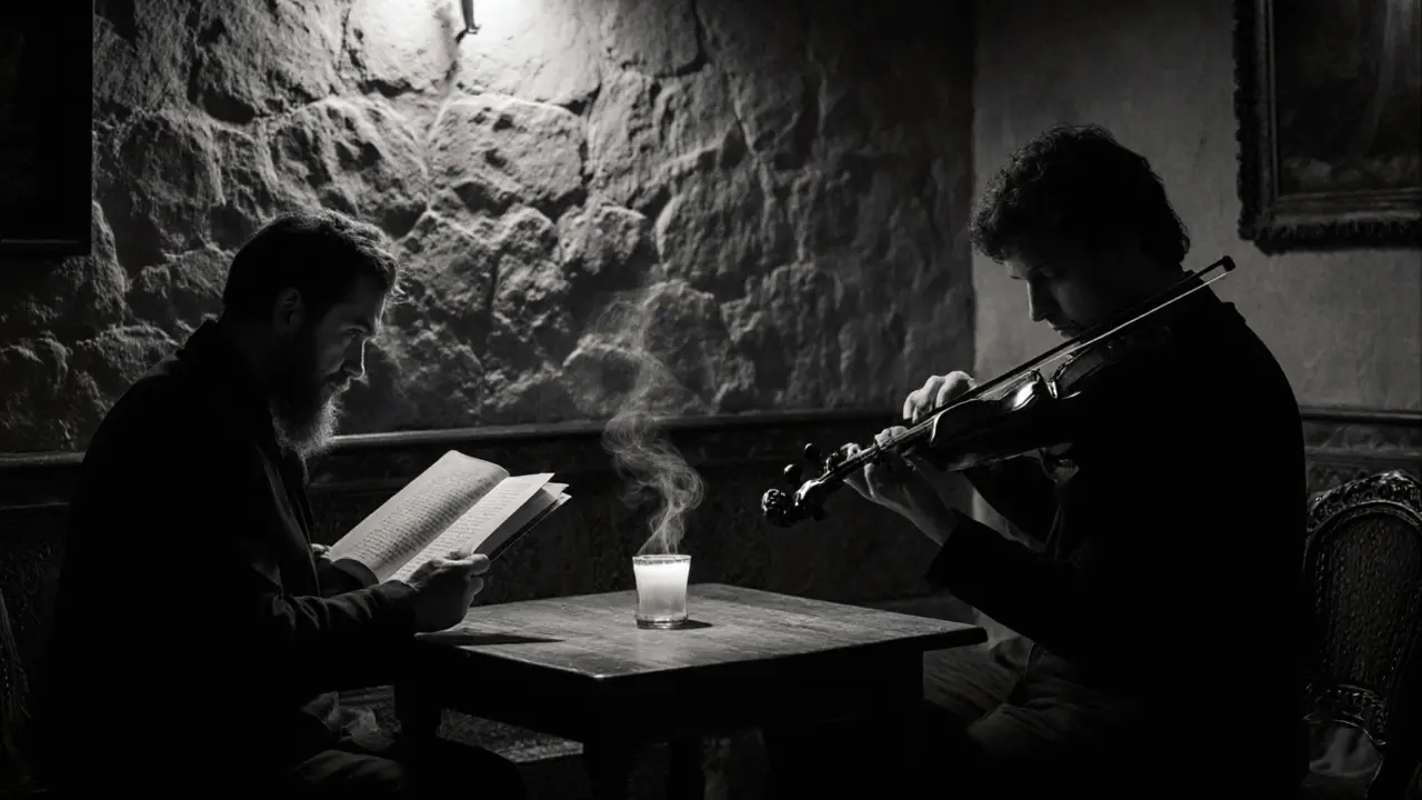 Poet reading quietly in a dimly lit lounge as a violinist plays, no one on phones, peaceful atmosphere.