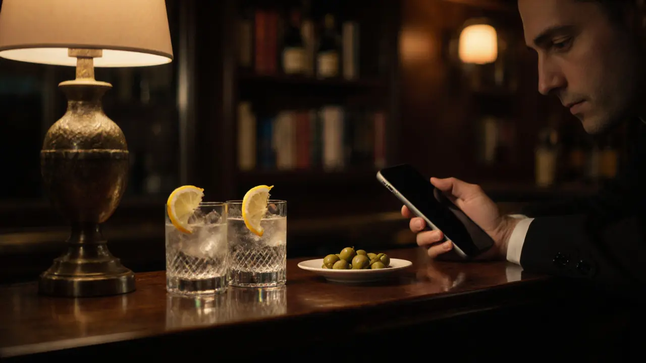 Quiet bar interior at dusk with two gin glasses and a half-eaten plate of olives.