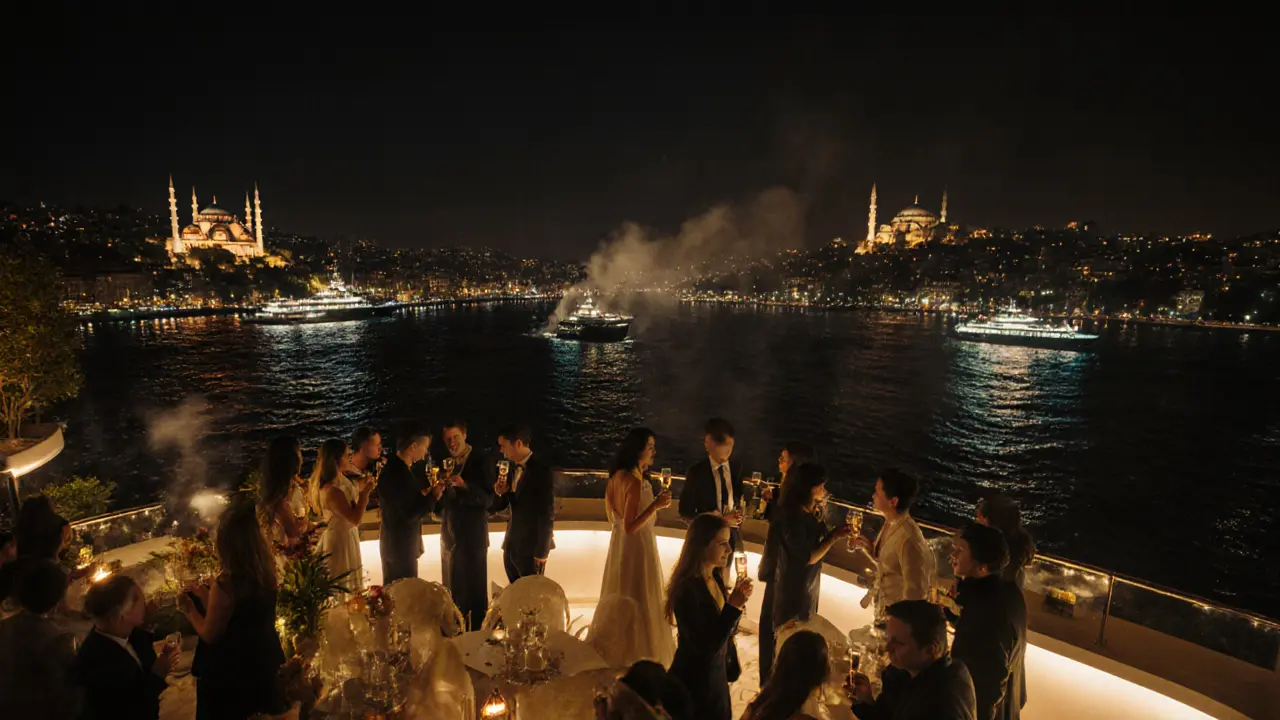 Reina nightclub on the Bosphorus with guests on a lit terrace, city skyline and yachts in the background.