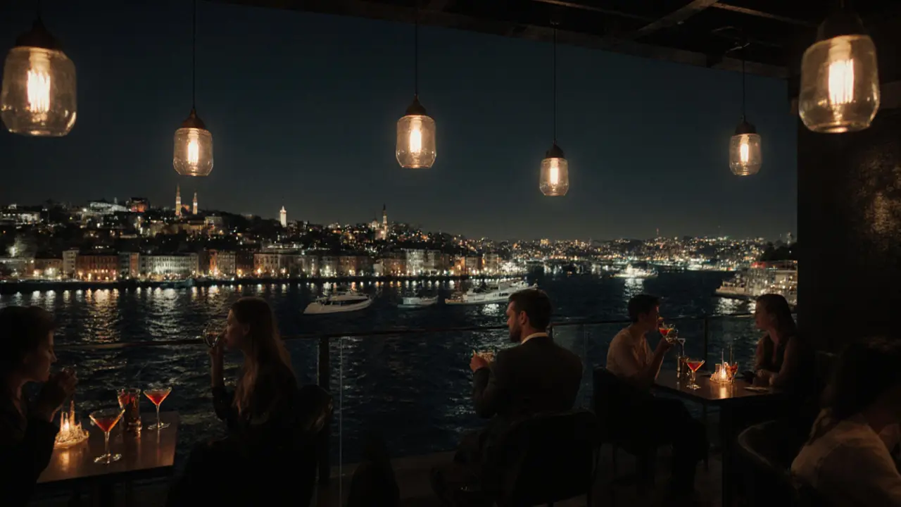 Rooftop bar in Cihangir with panoramic Bosphorus views and modern cocktails at night.