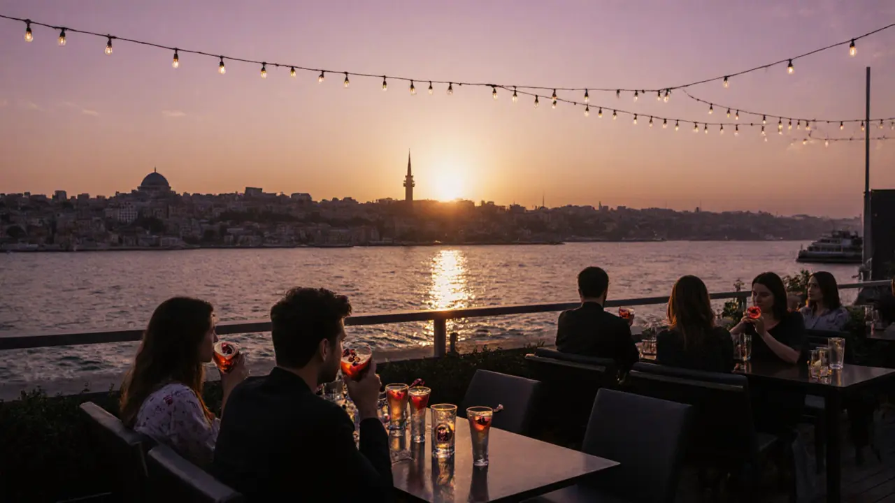 Rooftop bar in Galata at sunset with Bosphorus views, patrons sipping colorful cocktails under string lights.