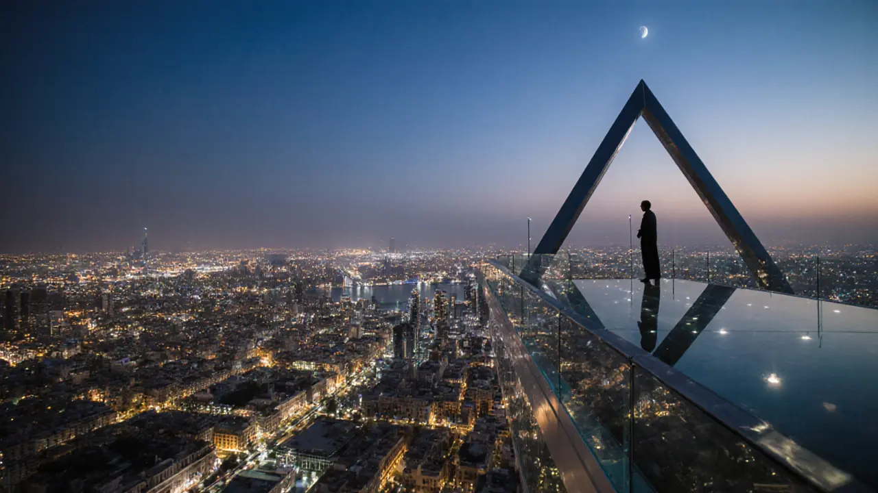 Silhouetted figure on Dubai Frame&#039;s glass bridge overlooking the city at twilight.