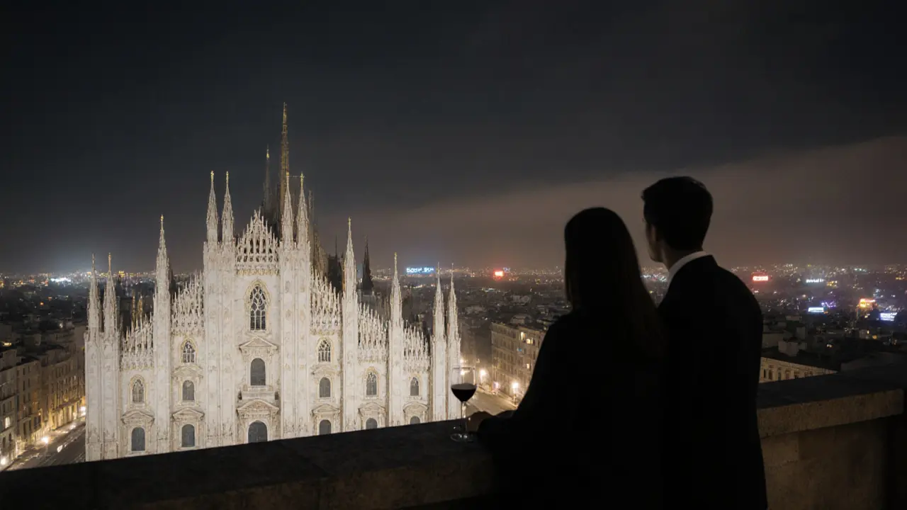 Silhouettes on a Milan rooftop overlooking the illuminated Duomo at night.